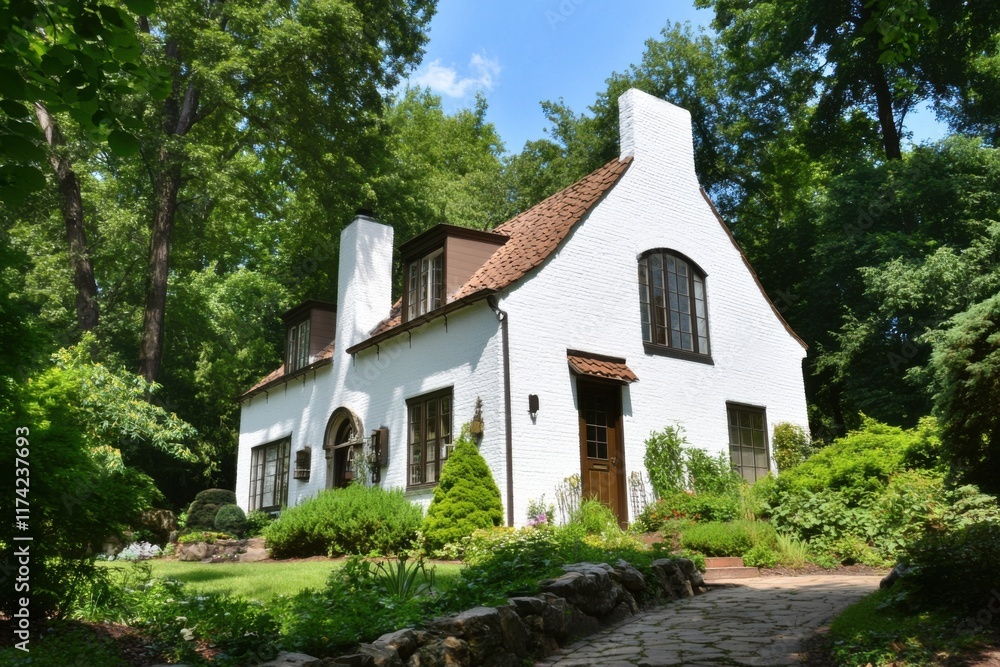 Nestled in a serene forest, this delightful white cottage is embraced by vibrant green foliage, creating a picturesque scene under the bright blue sky Nestled in a serene forest, this delightful white cottage is embraced by vibrant green foliage, creating a picturesque scene under the bright blue sky
