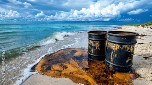 Oil Spill on Beach with Dramatic Sky and Natural Waves photo