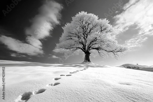 Solitary Tree in Frosty Winter Landscape with Footprints in the Snow