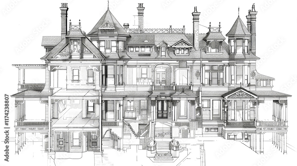 Obraz premium This floor plan illustrates the complex design of a Victorian mansion, highlighting rooms, staircases, and elaborate detailing