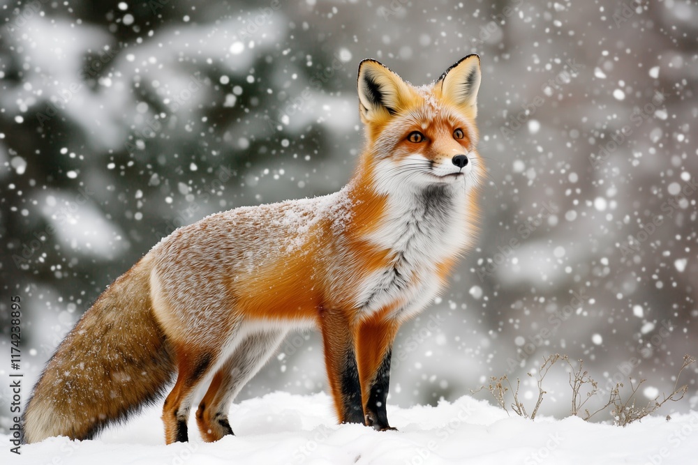 Fototapeta premium Majestic Red Fox Standing in a Snowy Field During Wintertime