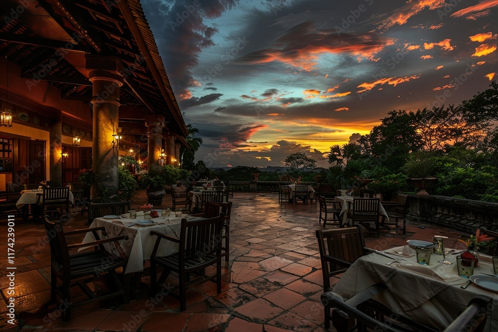 Fototapeta premium Clear Pixel Image of at Dusk, an Angkor Wat Hotel is Set for Dinner, Siem Reap, Cambodia