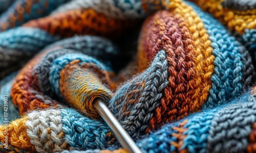 Colorful yarn knitting needles close-up photo