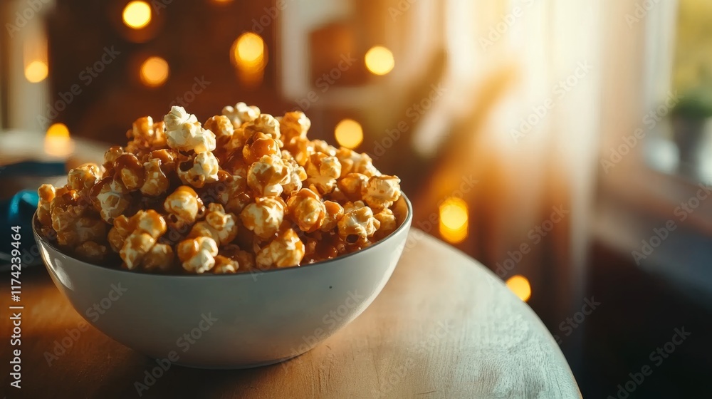 Bowl of freshly popped popcorn sits on a wooden table surrounded by warm, glowing lights in a cozy room during evening Bowl of freshly popped popcorn sits on a wooden table surrounded by warm, glowing lights in a cozy room during evening