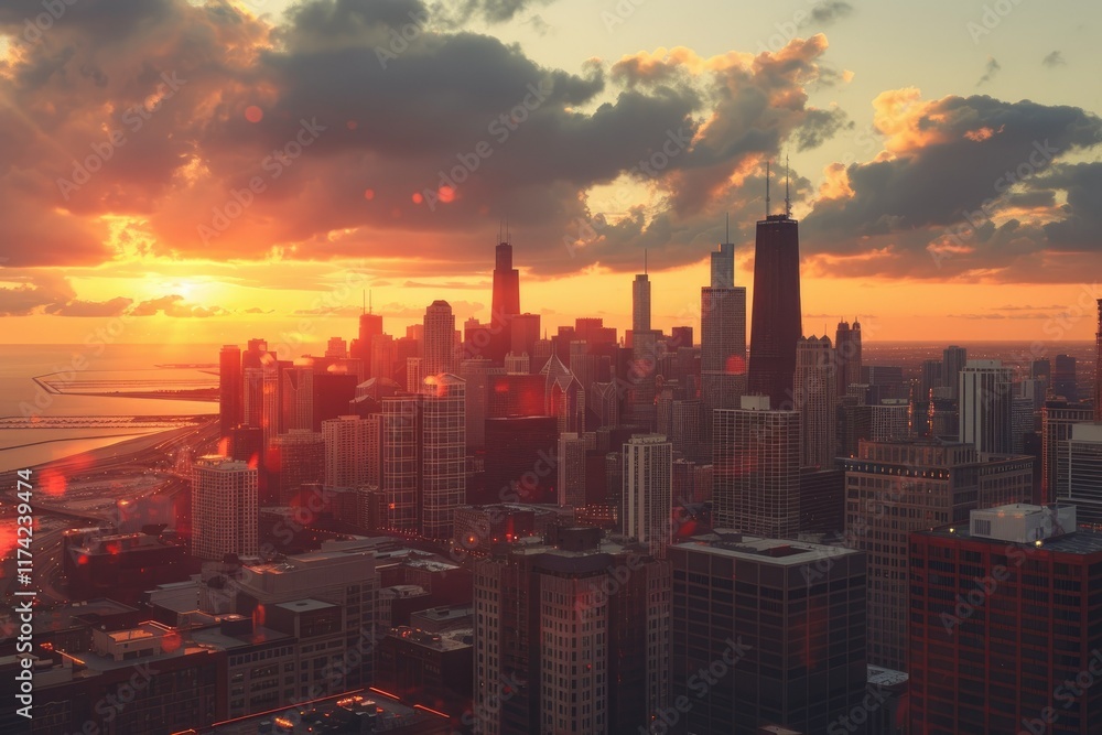 Fototapeta premium A Breathtaking Sunset Cityscape View From a Rooftop Overlooking Downtown Chicago