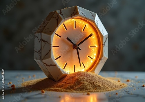 Creative clock design surrounded by fine sand on a textured surface in warm lighting photo