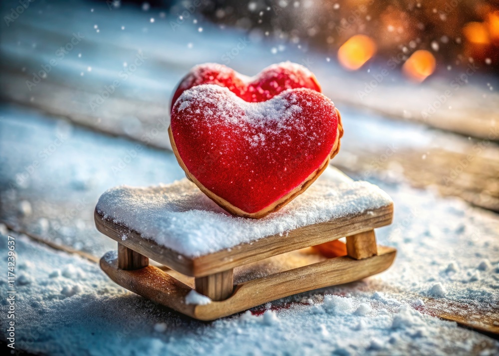 Fototapeta premium Snowy landscape cradles a tiny wooden sled bearing a sweet red heart treat. Perfect winter food photography.