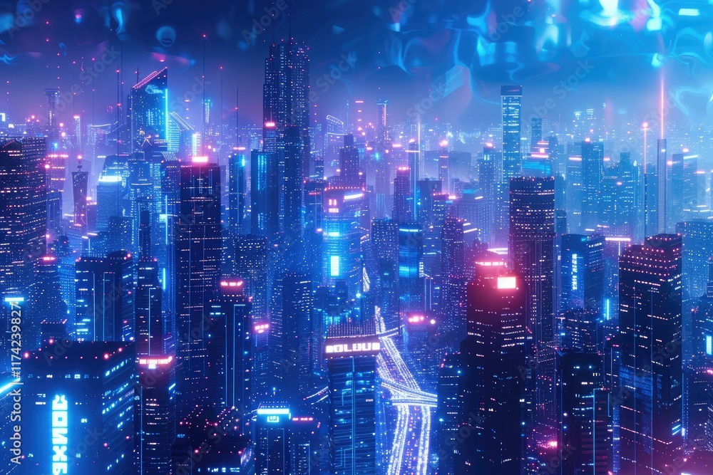 High Detail Visual of a Cityscape with a Bright Blue Sky and a Neon Cityscape High Detail Visual of a Cityscape with a Bright Blue Sky and a Neon Cityscape