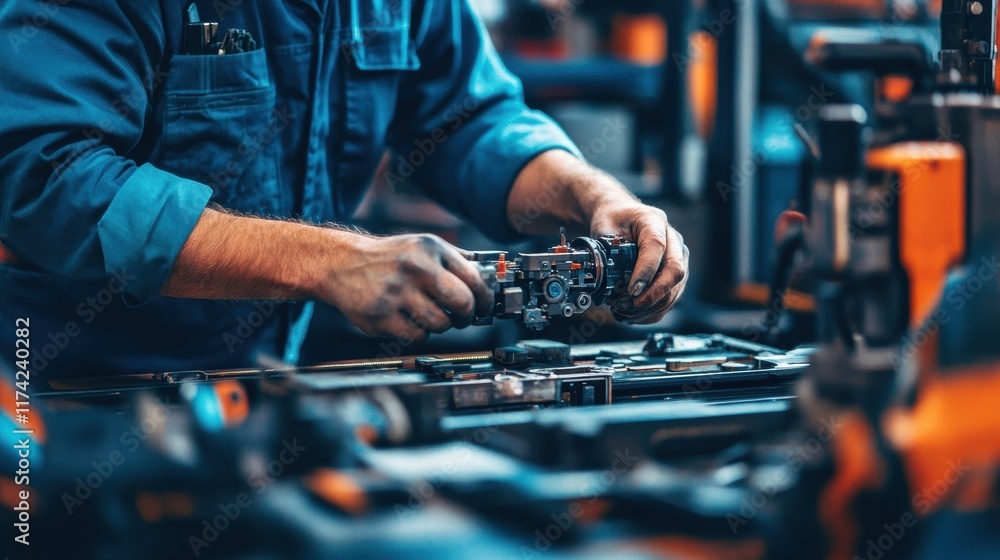Professional car mechanic working on a vehicle component in a modern automobile factory, demonstrating expertise and precision in automotive repair Professional car mechanic working on a vehicle component in a modern automobile factory, demonstrating expertise and precision in automotive repair