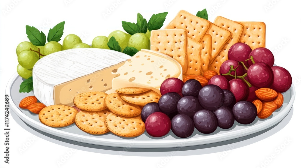 Cheese, crackers, grapes, and almonds platter. Cheese, crackers, grapes, and almonds platter.