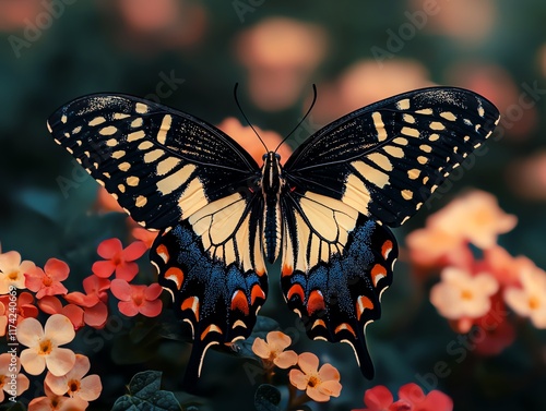 Macro of a butterfly against a darkened floral background, vivid colors amplified, insect elegance, flora focus photo