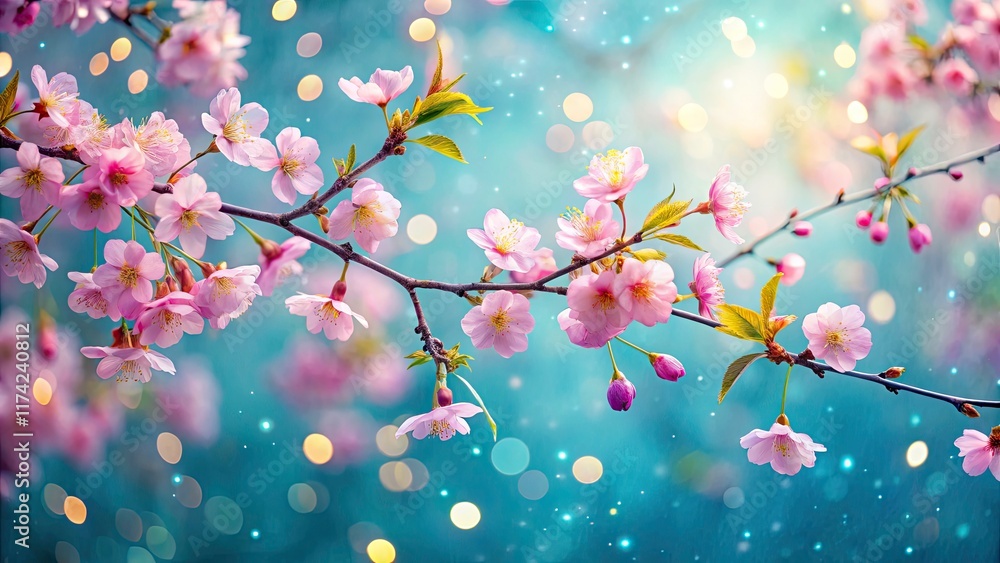 Spring's gentle embrace: cherry blossoms bloom against a soft blue bokeh backdrop. Spring's gentle embrace: cherry blossoms bloom against a soft blue bokeh backdrop.