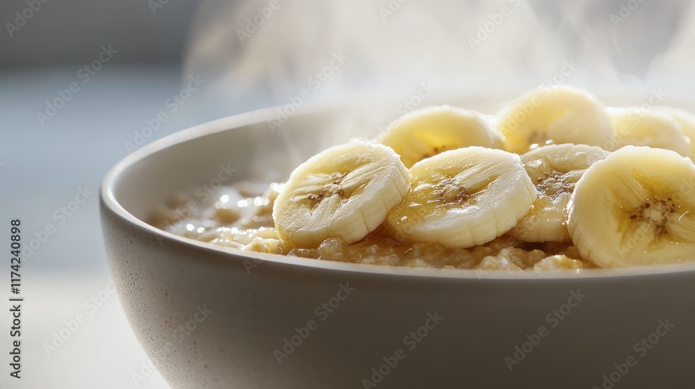A bowl of steaming oatmeal topped with sliced banana and honey. A bowl of steaming oatmeal topped with sliced banana and honey.
