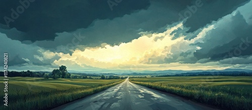 Dramatic stormy landscape with a winding rural road leading through the lush green countryside under a moody cloudy sky  The road stretches out into the distance creating a sense of and adventure