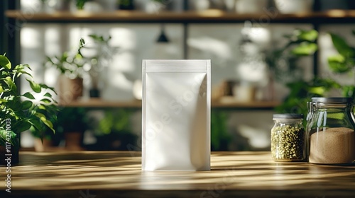 white supplement packaging bag on wooden table minimalist setting natural light plants blurred background photo