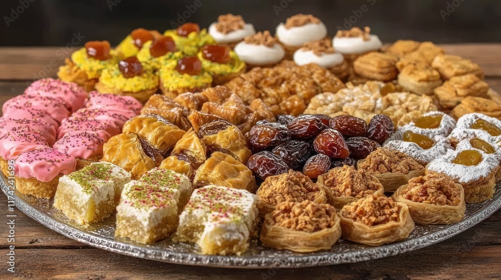 A tempting platter of assorted Middle Eastern and Mediterranean pastries perfect for celebrations or sharing with friends and family. Enjoy the sweet indulgence!