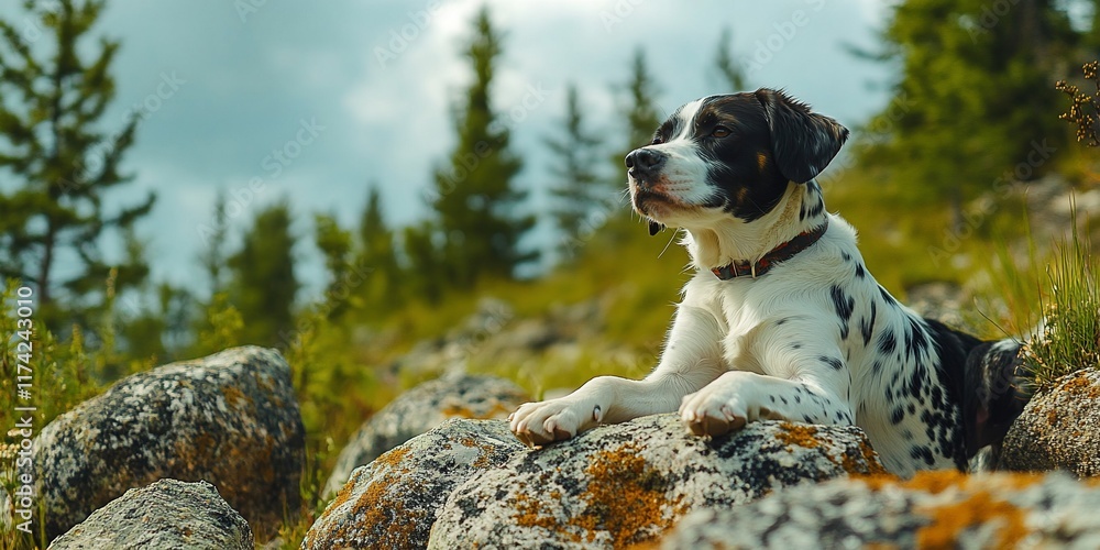 Dog resting on rocks, mountain view. Outdoor pet image Dog resting on rocks, mountain view. Outdoor pet image
