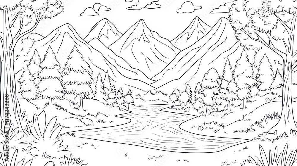 Fototapeta premium Serene Mountain River Landscape Coloring Page