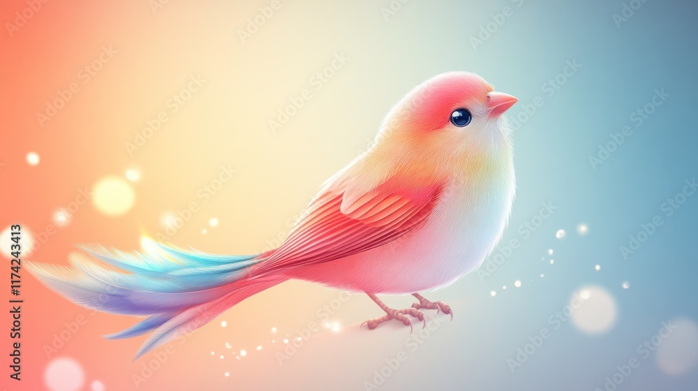 Obraz premium Pastel pink bird with colorful tail on soft background.
