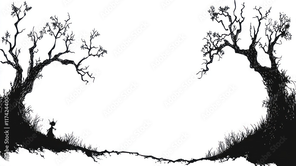Obraz premium Silhouette of trees and a small figure in a landscape