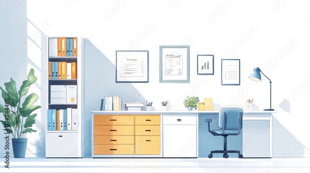 Fototapeta premium Sunlit modern office workspace with desk, chair, filing cabinet, and plant.