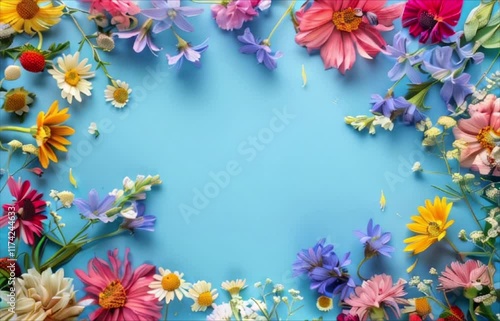 Summer floral frame with colorful flowers on blue background. Copy space for text. Valentine's or Mother's Day concept