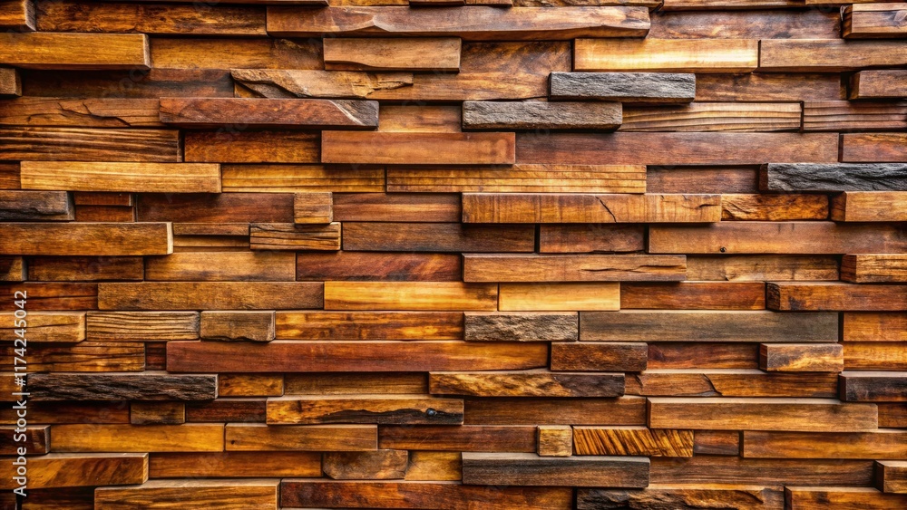 Warm brown timber wall, stacked plank pattern design. Warm brown timber wall, stacked plank pattern design.