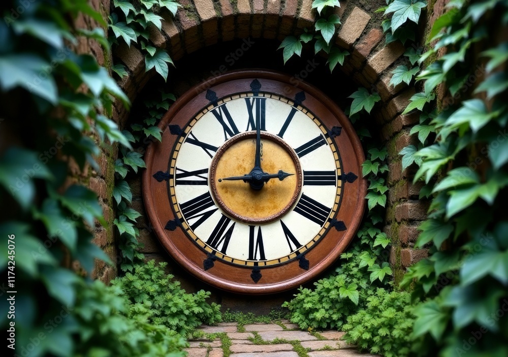 Fototapeta premium Large vintage clock nestled within a lush garden archway covered with ivy