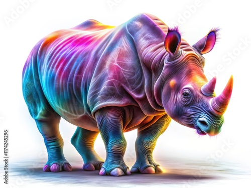White background showcases a motion-blurred rhino, creating an abstract wildlife art piece.
