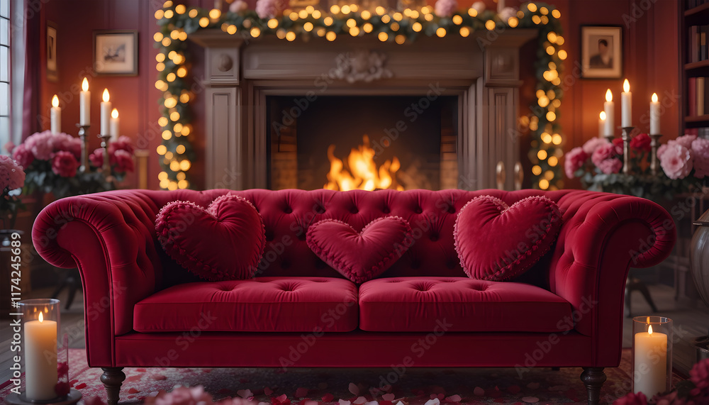 Naklejka premium Elegant valentine-themed sofa adorned with roses and soft lighting