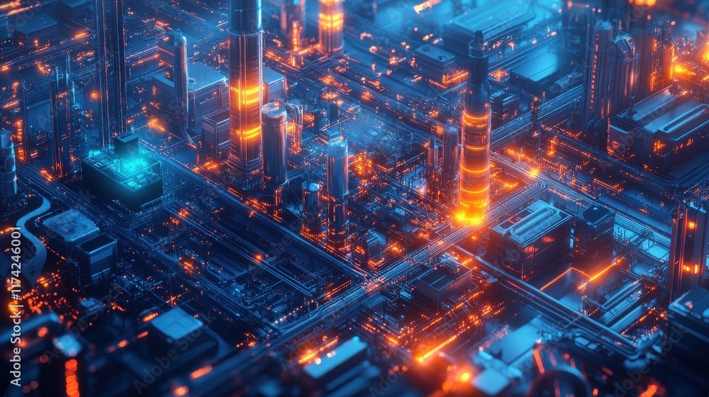Fototapeta premium A cityscape with buildings lit up in orange and blue