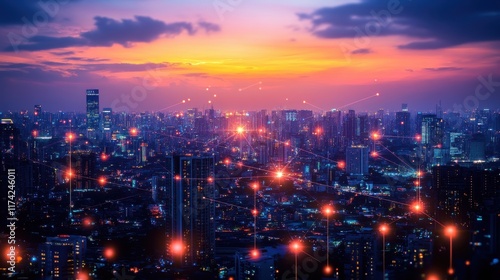 Wallpaper Mural A city at night with many lights and a beautiful sunset in the background Torontodigital.ca