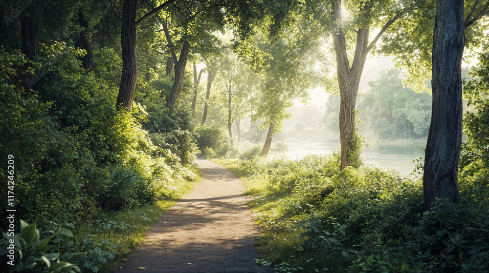 Fototapeta premium Serene forest trail with sunlight filtering through lush greenery and a tranquil lakeside view