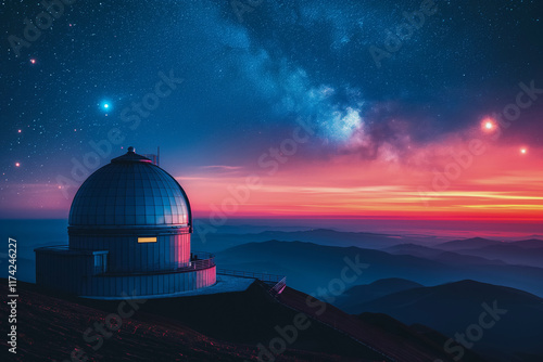 Stunning night sky view over observatory with twilight and stars