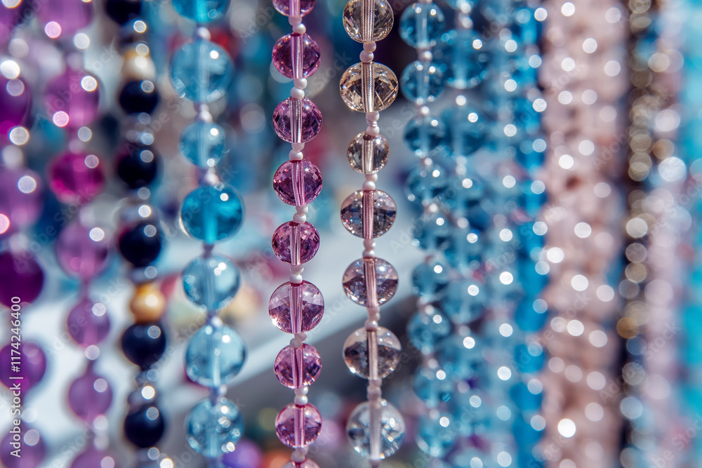 Close-up of colorful glass bead strands in various shades and patterns Close-up of colorful glass bead strands in various shades and patterns