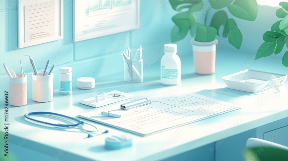 Sunlit dentist's desk with tools, chart, and plant.