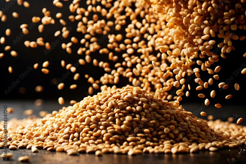 Obraz premium Golden Sesame Seeds Falling Into Wooden Bowl