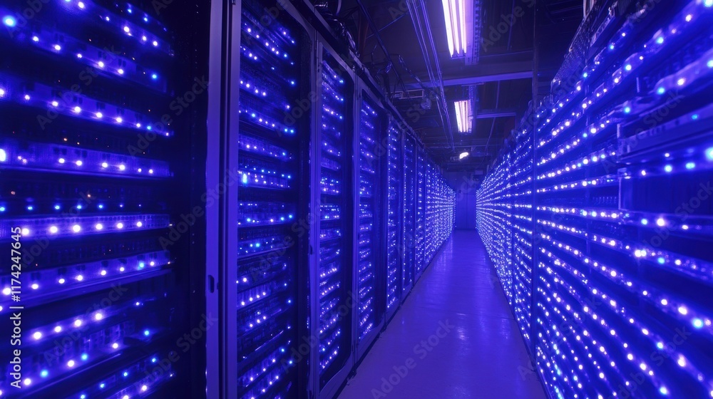 Obraz premium Flashing purple lights illuminate servers within a server room, enhancing a futuristic and technological ambiance that highlights advanced data management and connectivity