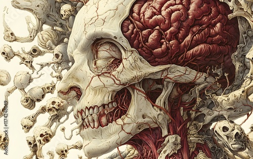 A detailed illustration of a skull, featuring intricate designs of anatomy and symbols, representing the intersection of life and death in art and culture. photo