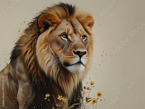 The illustration shows a lion surrounded by yellow flowers.