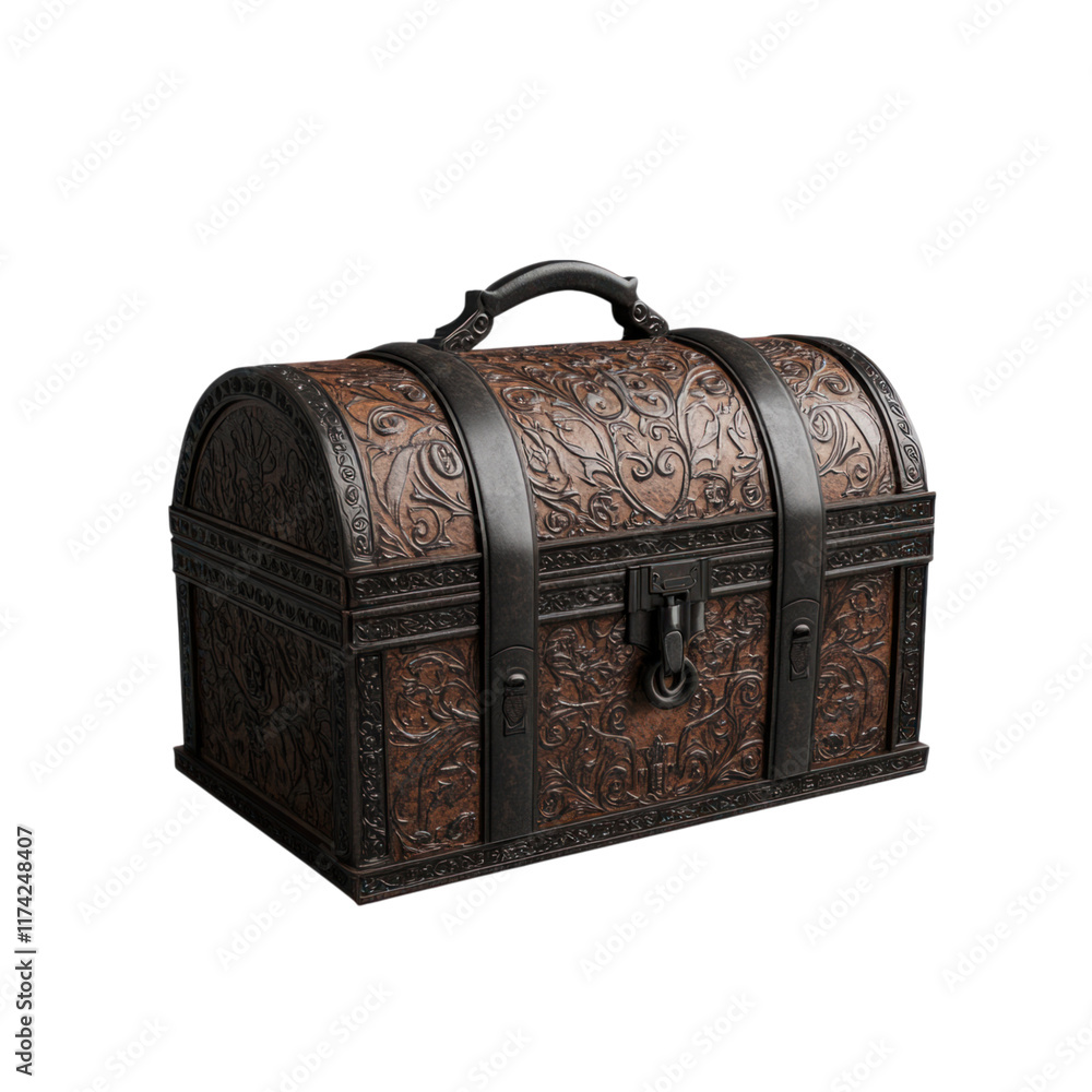 Intricate pirate treasure chest with detailed engravings and sturdy handle Intricate pirate treasure chest with detailed engravings and sturdy handle