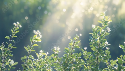 A mesmerizing view of lush green foliage with delicate white flowers, basking in soft sunlight that creates a tranquil atmosphere full of life and nature’s beauty.