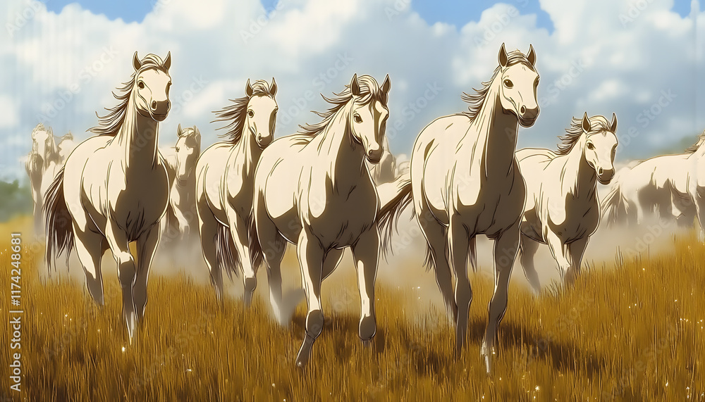 Obraz premium A dynamic illustration of a herd of white horses galloping through a golden field under a blue sky with fluffy clouds. This vibrant image captures the beauty and grace of horses in motion, perfect for