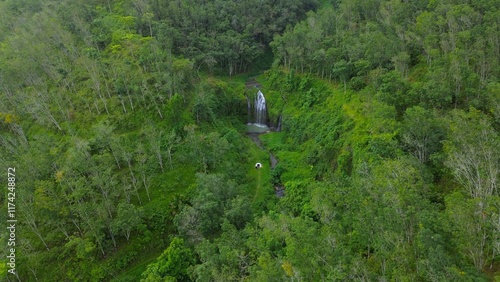 Drone view of Curug Gong Banyumas Central Java Indonesia, a waterfall amidst vegetation and green trees in the middle of the forest