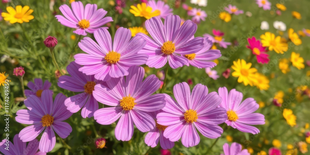 Fototapeta premium Cosmos flowers blooming vibrantly in a summer garden, sunlight, beauty