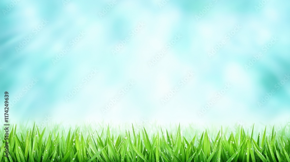 Fototapeta premium Fresh Green Grass Against a Bright Blue Sky Nature Background Peaceful Environment Outdoor Scene Tranquility Concept