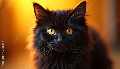 A stunning close-up of a black cat with striking yellow eyes, set against a warm, blurred background. This image captures the beauty and mystery of felines, perfect for themes related to pets, animals photo