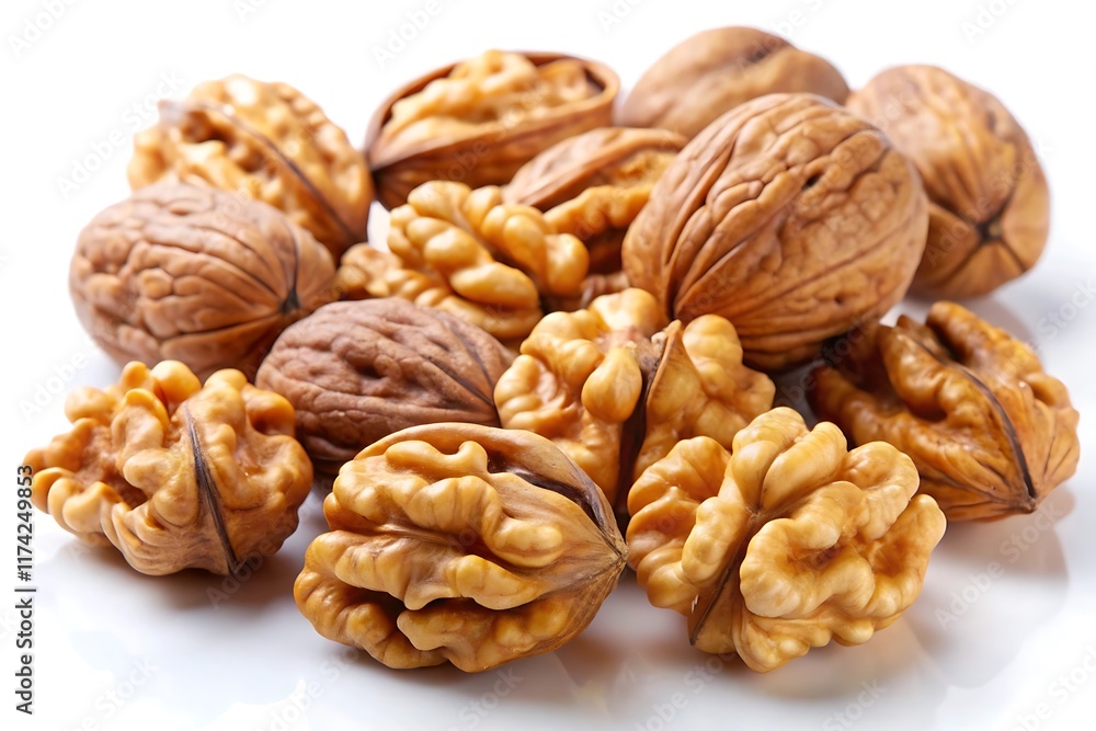 Walnuts kernels on dark desk with color background, Whole walnut in white background. Walnuts kernels on dark desk with color background, Whole walnut in white background.