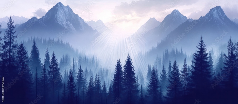 mountainous landscape blanketed in snow with a dense evergreen forest cloaked in mist and fog under a moody atmospheric sky This serene mountainous landscape blanketed in snow with a dense evergreen forest cloaked in mist and fog under a moody atmospheric sky This serene