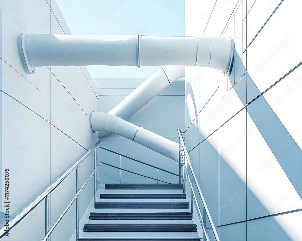 White PVC pipes exposed on a staircase enhance the industrial design White PVC pipes exposed on a staircase enhance the industrial design
